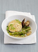 Hake with littleneck clams and green asparagus tops