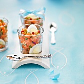 Salmon tartare with pink peppercorns and hard-boiled egg