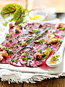 Beetroot Carpaccio with croutons and herbs