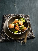 Scallops pan-fried with balsamic vinaigar, broccolis with ginger