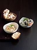 Three spreads : cream cheese-raisin spread, black olive spread and tomato-basil spread