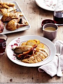 Free-range poulard hen supreme with bacon, braised chicory and sauteed potatoes