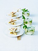 Cucumber jelly and hot pepper quesadillas appetizers and mojitos