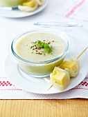 Cream of fennel soup with carvi ,fennel-gruyère brochettes