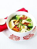 Ravioli,vegetable and thinly sliced chicken breast soup