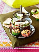 Brunch with salmon club sandwiches and cranberry muffins
