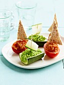 Pea puree and tomato puree vegetable boats