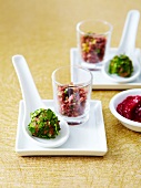 Trtare duo : beef and herb tartare ,smoked duck tartare ,cranberry and wasabi sauce