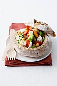 Marinated vegetable and feta fancy round bread loaf