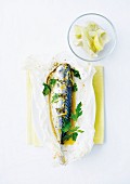 Mackerel with lemon cooked in wax paper and artichoke heart salad