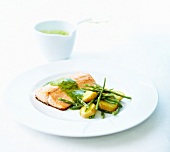 Trout fillet,dill sauce,potatoes and green beans