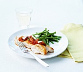 Pan-fried whiting fillet, stewed tomatoes and green beans