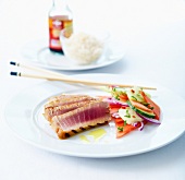 Red tuna tataki, thinly sliced watermelon and vegetables