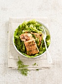 Salmon with dill and green cabbage