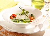 Herb gazpacho with crayfish and cream cheese quenelle