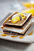 Crisp galette, Petit Billy cheese and coffee jelly layered dessert with Chouchen syrup