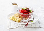 Strawberry fruit salad with basil and crispy biscuits