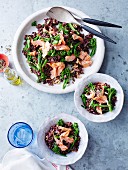 Black rice, broccoli, flaked salmon and red kidney bean salad