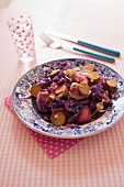 Pear,red cabbage and soya saussages stew