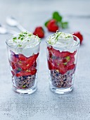 Cereal and strawberry dessert with lime zest in glasses