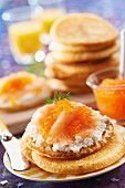 Mini pancakes topped with crumbled Petit Billy,smoked salmon and cod roe