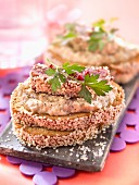 Celeriac puree and duck aiguillettes on sesame seed sliced bread