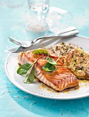 Grilled salmon steak with potato and thyme patties