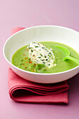 Leek soup and fresh cheese quenelle with chives