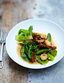 Spicy pork with green cabbage, broccoli and sugar peas