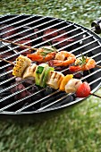 Shrimp-chicken skewers on the barbecue