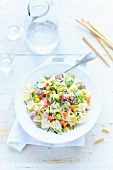 Pasta salad with farfalle, diced ham and sweetcorn