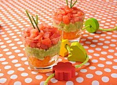 Layered appetisers with a trio of vegetables