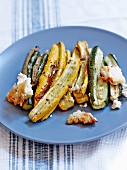 Yellow and green zucchinis roasted with feta
