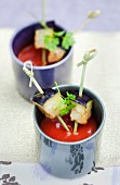Hot and cold fried eggplants and chilled tomato soup