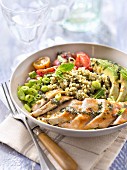 Chicken with bulghour,cherry tomato and avocado salad with mint pesto
