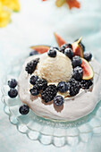 Revisited black fruit Pavlova with Chouchen ice cream