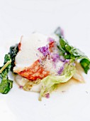 Steamed lobster with cabbage,foamy sauce and violet salt