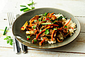 Stir-fried veal cutlets with soy sauce and vegetables on rice