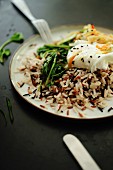 Gemischter Reis mit Spinat, Kohl und wachsweichem Ei