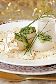 Scallops topped with mixed parmesan and chives,cream of brown shrimps,grilled cauliflower carpaccio