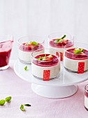 Vanilla panna cotta topped with strawberry coulis and basil