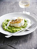 White fish with pureed peas and broccoli