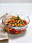 Spicy sauteed vegetables and thinly sliced chicken