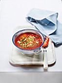 Cold tomato soup with shrimps and cucumber