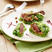 Cabbage leaves stuffed with pigeon and chanterelles