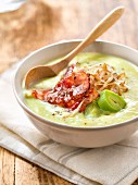 Thick leek soup with bacon and maple syrup