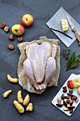 Ingredients for roast chicken with autumn vegetables