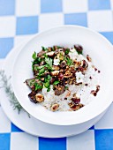 Quinoa risotto with almond cream, hazelnuts and meadow mushrooms