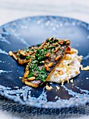 Trout fillets topped with parsley, pine nuts and four spices, parsnip mousseline