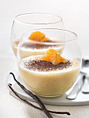 Vanilla-flavored citrus fruit cream dessert sprinkled with cocoa